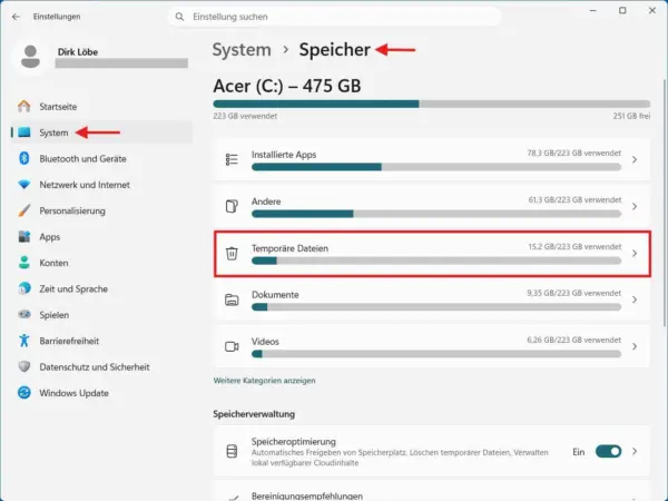 Temporäre Dateien unter Windows 11 bereinigen Temporäre Dateien in Windows 11 zum Löschen auswählen