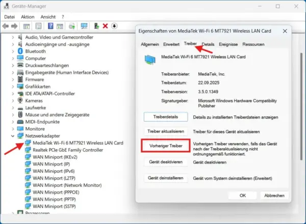 Vorherigen Gerätetreiber im Windows 11 Geräte-Manager wiederherstellen