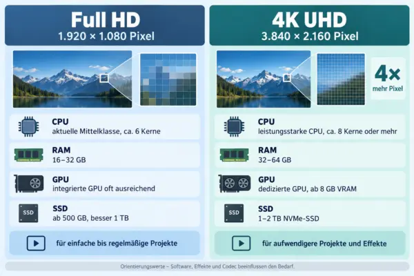 Hardware-Anforderungen für Full-HD- und 4K-Videobearbeitung im Vergleich