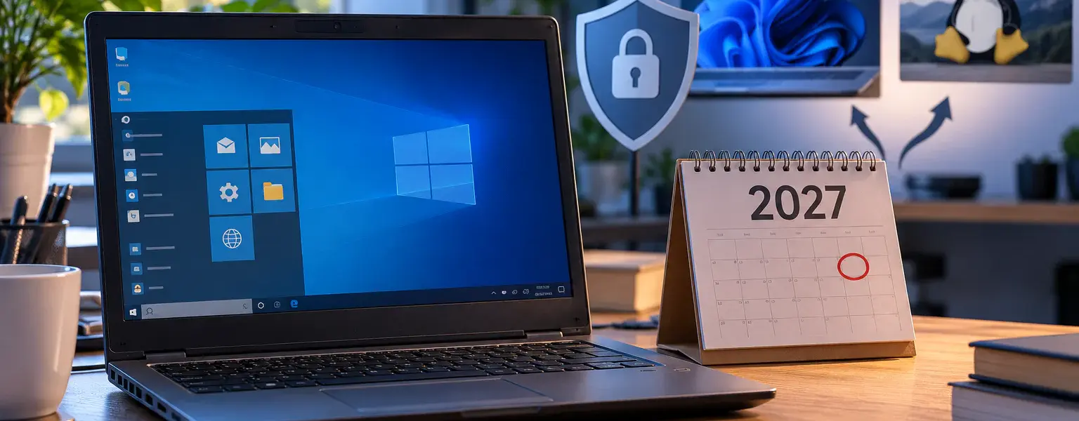Windows 10 ESU endet 2027 – Notebook mit Kalender und möglichen Alternativen