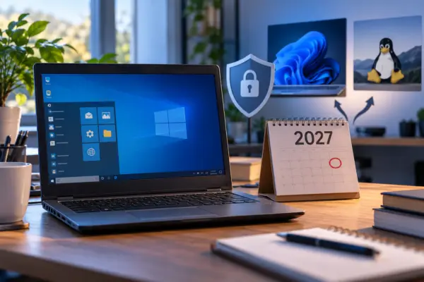 Windows 10 ESU-Ende 2027 und mögliche Alternativen Windows 10 ESU endet 2027 – Notebook mit Kalender und möglichen Alternativen