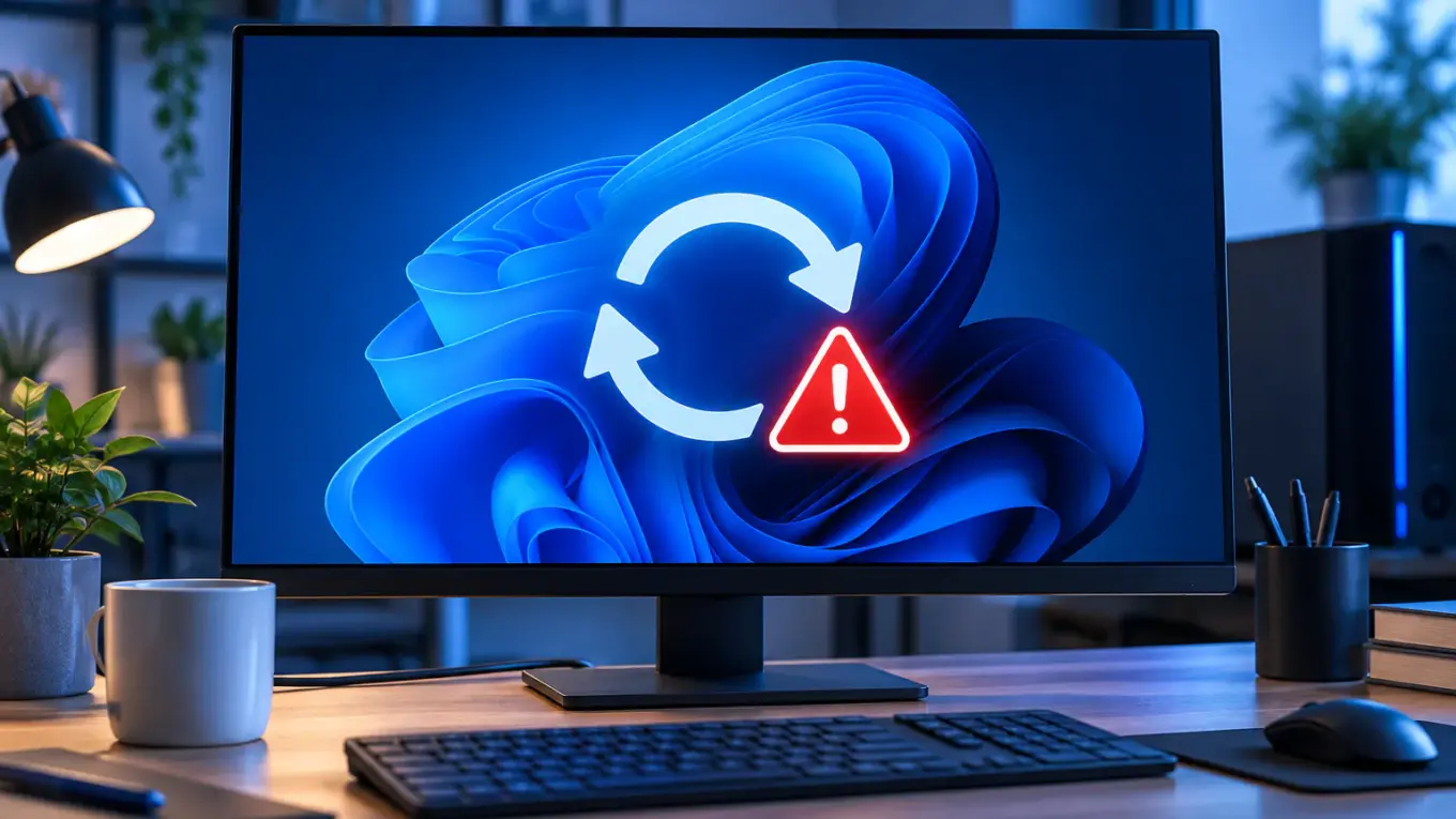 Windows 11 mit Neustart-Symbol und Warnhinweis auf einem PC-Monitor