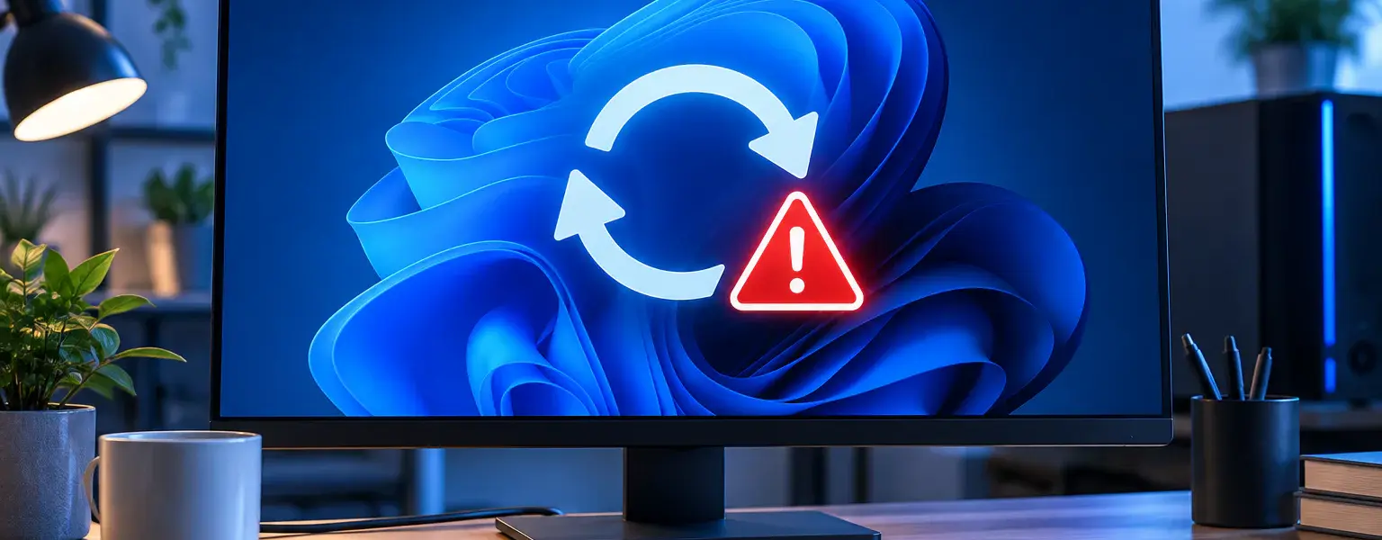 Windows 11 mit Neustart-Symbol und Warnhinweis auf einem PC-Monitor