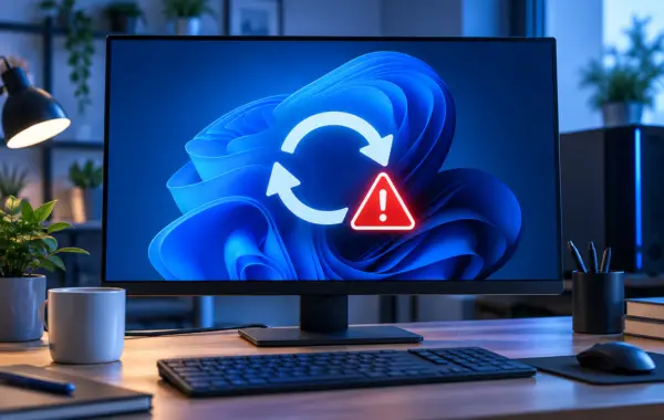 Windows 11 mit Neustart-Symbol und Warnhinweis auf einem PC-Monitor