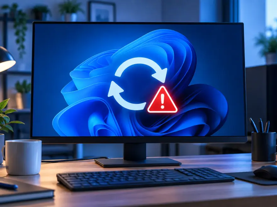 Windows 11 mit Neustart-Symbol und Warnhinweis auf einem PC-Monitor