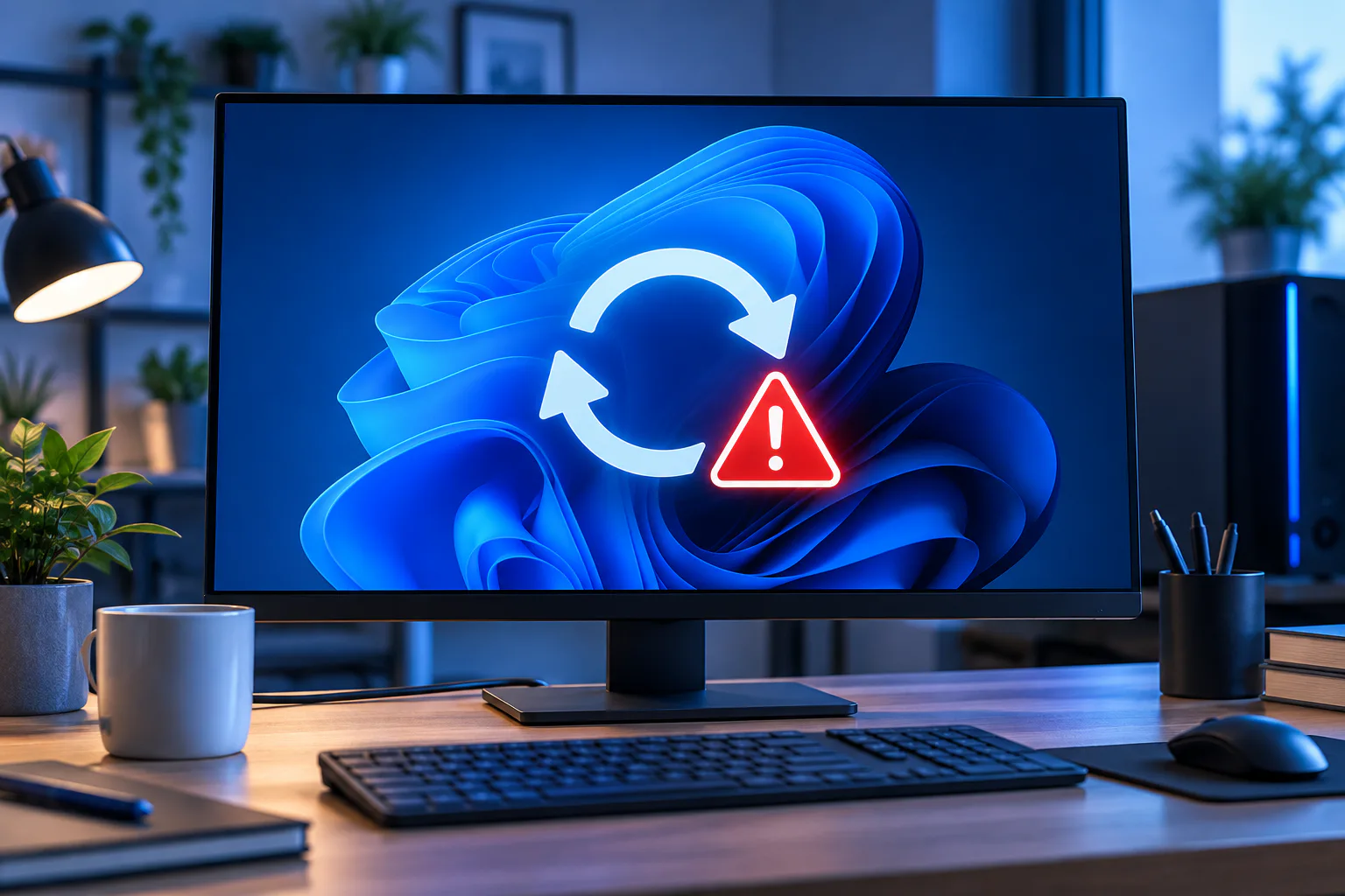 Windows 11 mit Neustart-Symbol und Warnhinweis auf einem PC-Monitor
