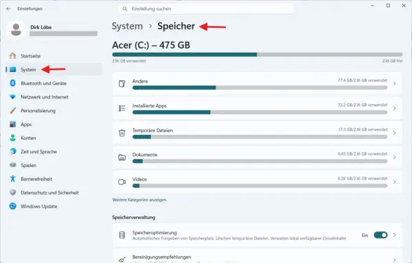 Speicherverbrauch unter Windows 11 anzeigen Speicherplatzbelegung in den Windows-11-Einstellungen