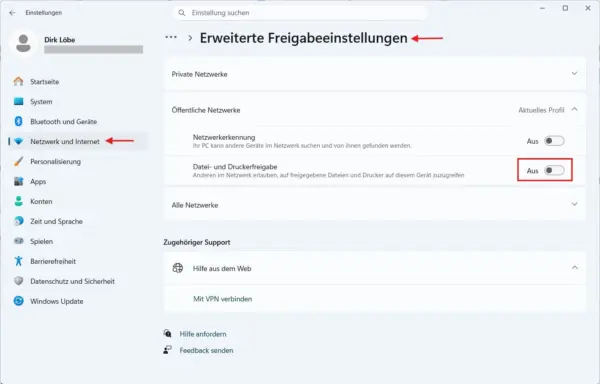 Freigabeeinstellungen für öffentliche Netzwerke in Windows 11