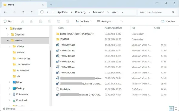 Speicherort der Word-AutoWiederherstellen-Dateien AutoWiederherstellen-Dateien von Microsoft Word im Windows-Explorer