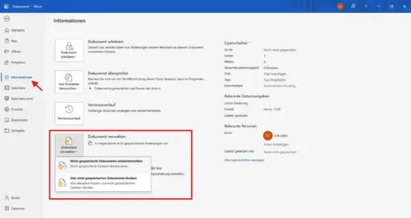 Nicht gespeicherte Dokumente in Word wiederherstellen Nicht gespeicherte Word-Datei über Dokument verwalten wiederherstellen