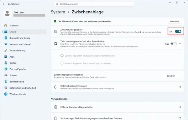 Zwischenablageverlauf unter Windows 11 aktivieren Aktivierter Zwischenablageverlauf in Windows 11