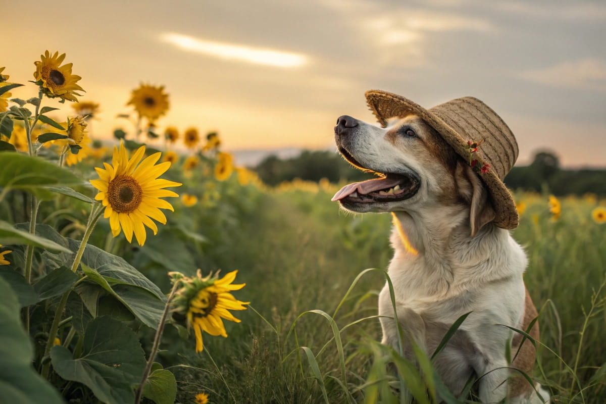 Ein Hund, der lacht und einen Hut trägt