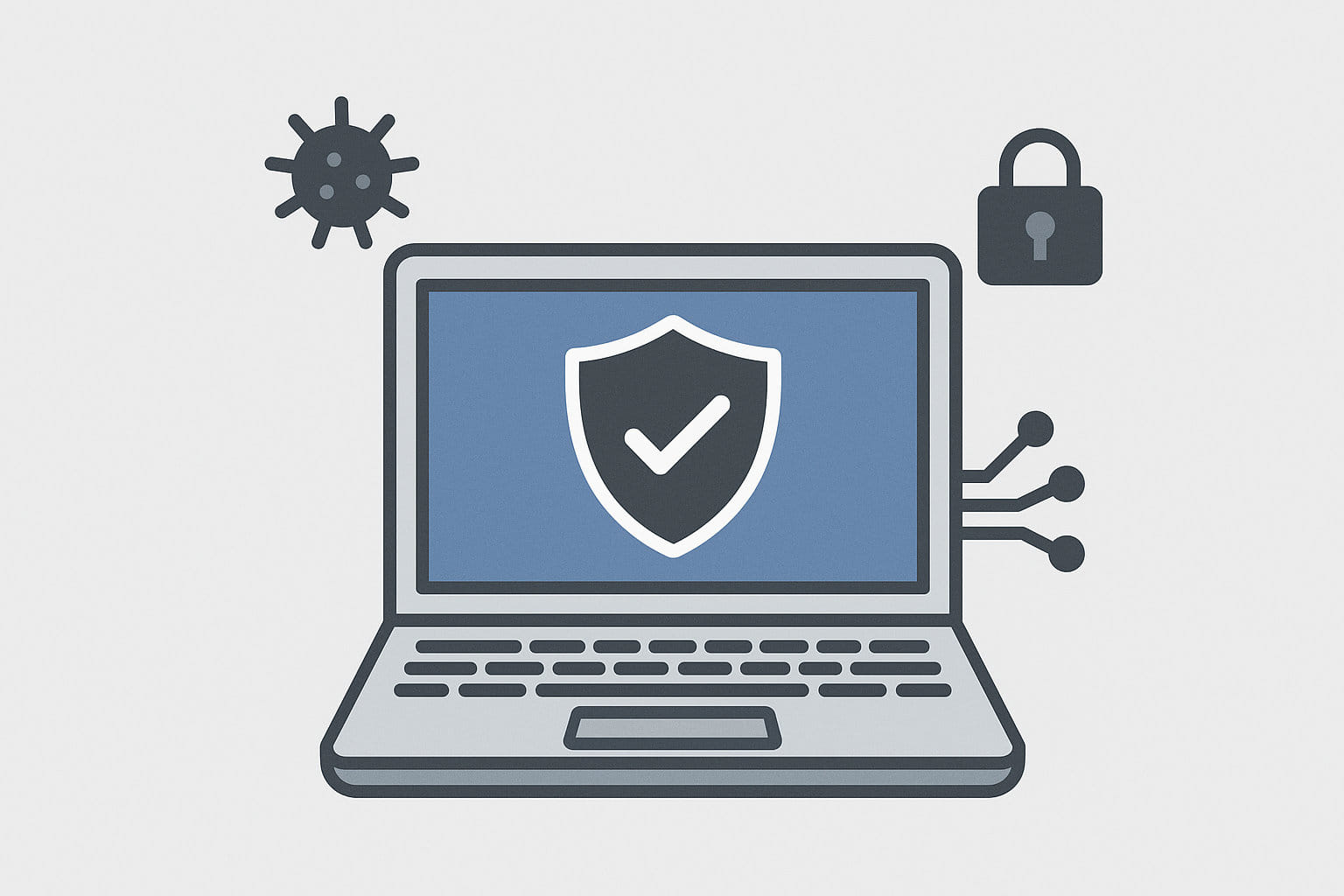 Laptop mit Schutzschild-Symbol als Symbol für Virenschutz und PC-Sicherheit