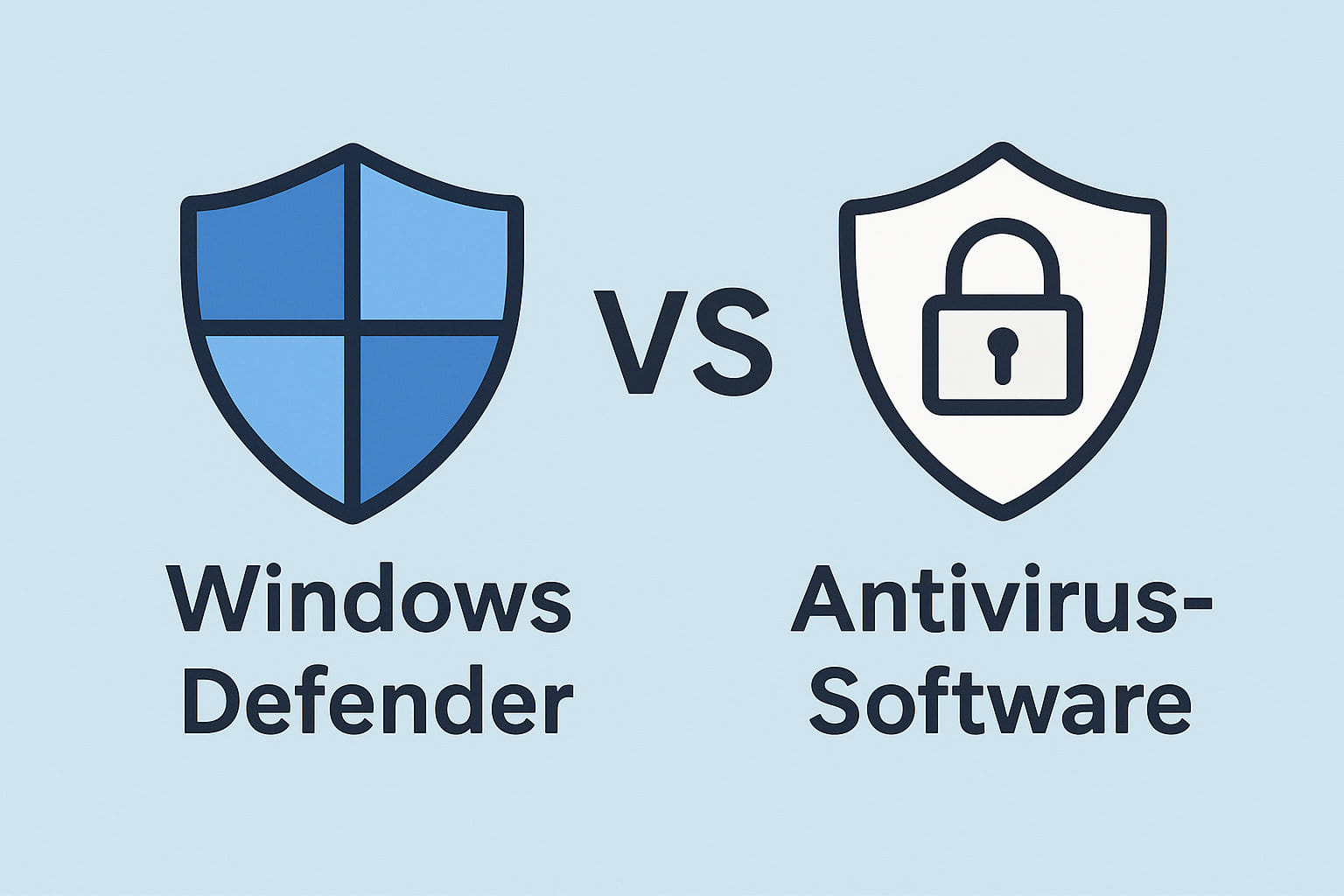 Vergleich zwischen Windows Defender und Antivirus-Software mit zwei Schutzschild-Symbolen